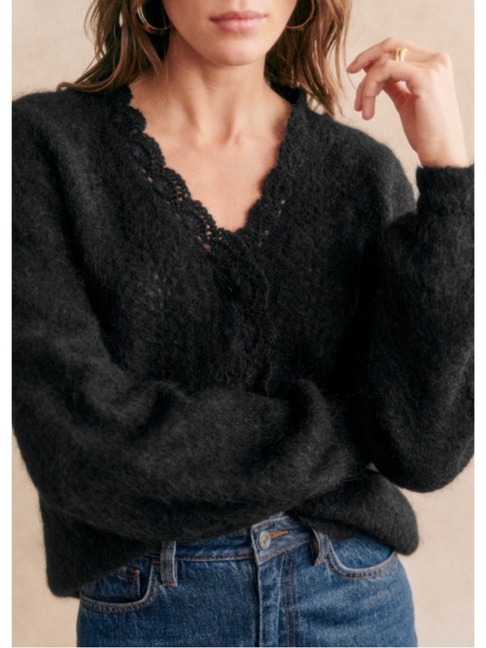 SEZANE Black Mohair Wool Knit Scalloped Balloon Sleeve Angelie Cardigan Sweater